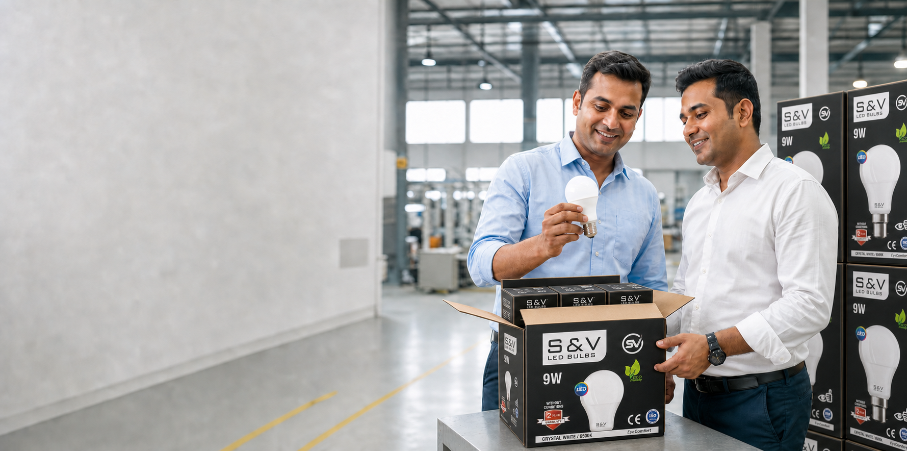Two Indian men inspecting an S&V LED bulb from a carton box